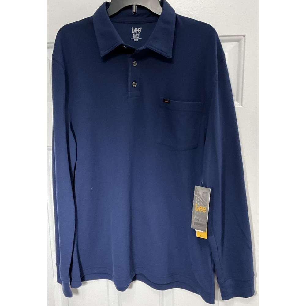 Lee Blue Denim Color Retro Long Sleeve Stretchy Pockets Soft Polo Shirt Men's XL